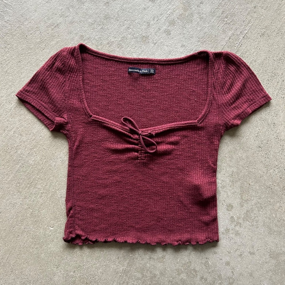 Abercrombie & Fitch Crop Top Shirt Womens XS Burgundy Milkmaid Tie Front Ribbed
